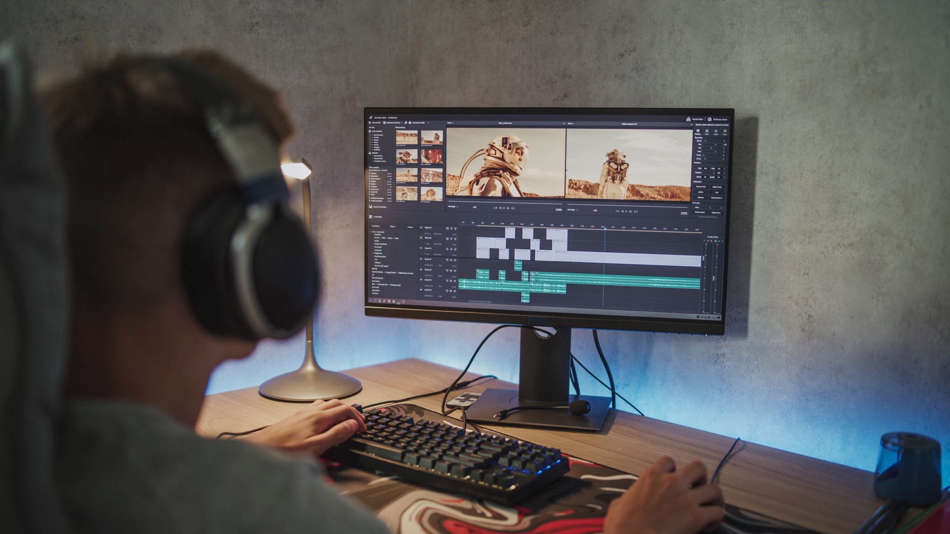 Teenage boy edits video or movie using video editing software on PC Teenage boy edits video or movie using video editing software on PC