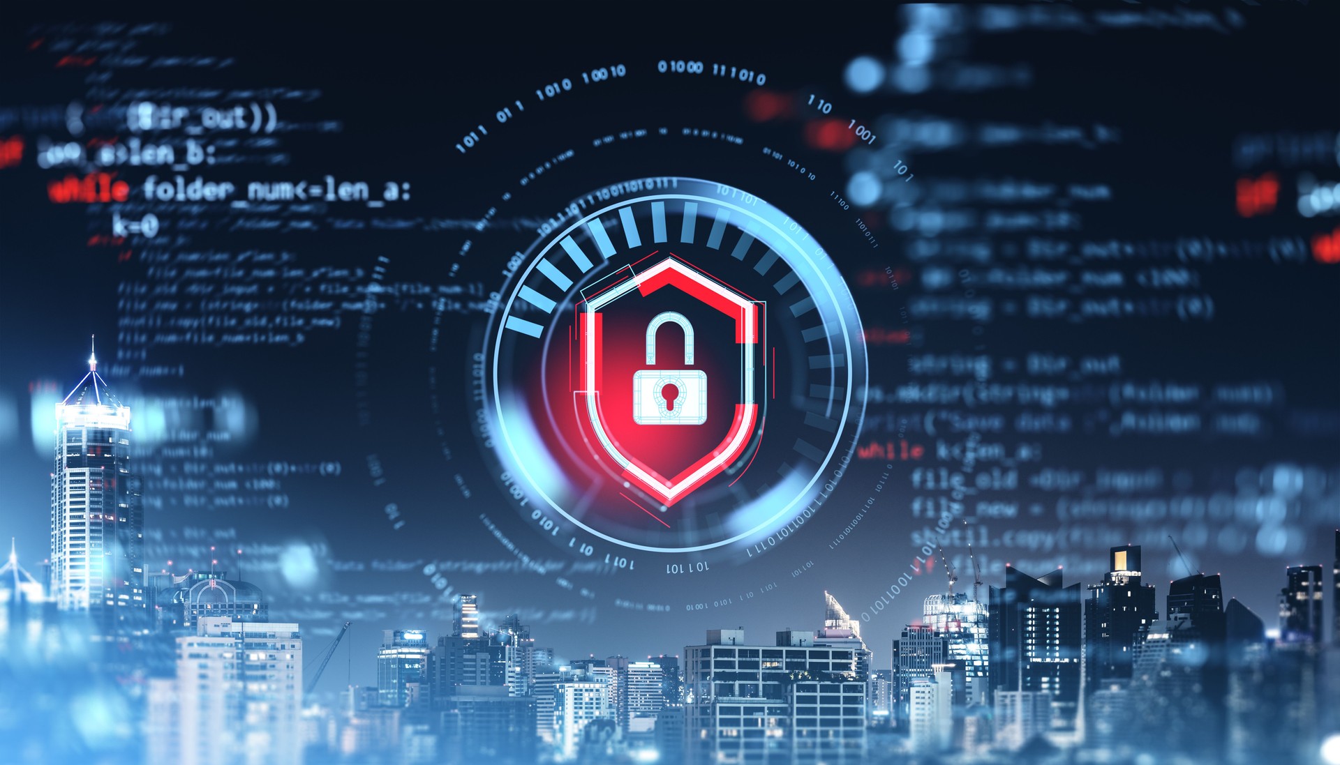 Digital security lock icon over virtual cityscape with programming code elements. Digital security lock icon over virtual cityscape with programming code elements.